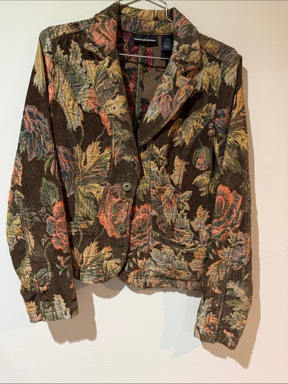DKNY Brown Floral Tapestry Blazer with Green and Coral Accents